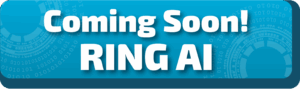 A blue promotional banner with bold white text reading “Coming Soon!” above “RING AI,” set over a background of circular digital patterns and binary code.